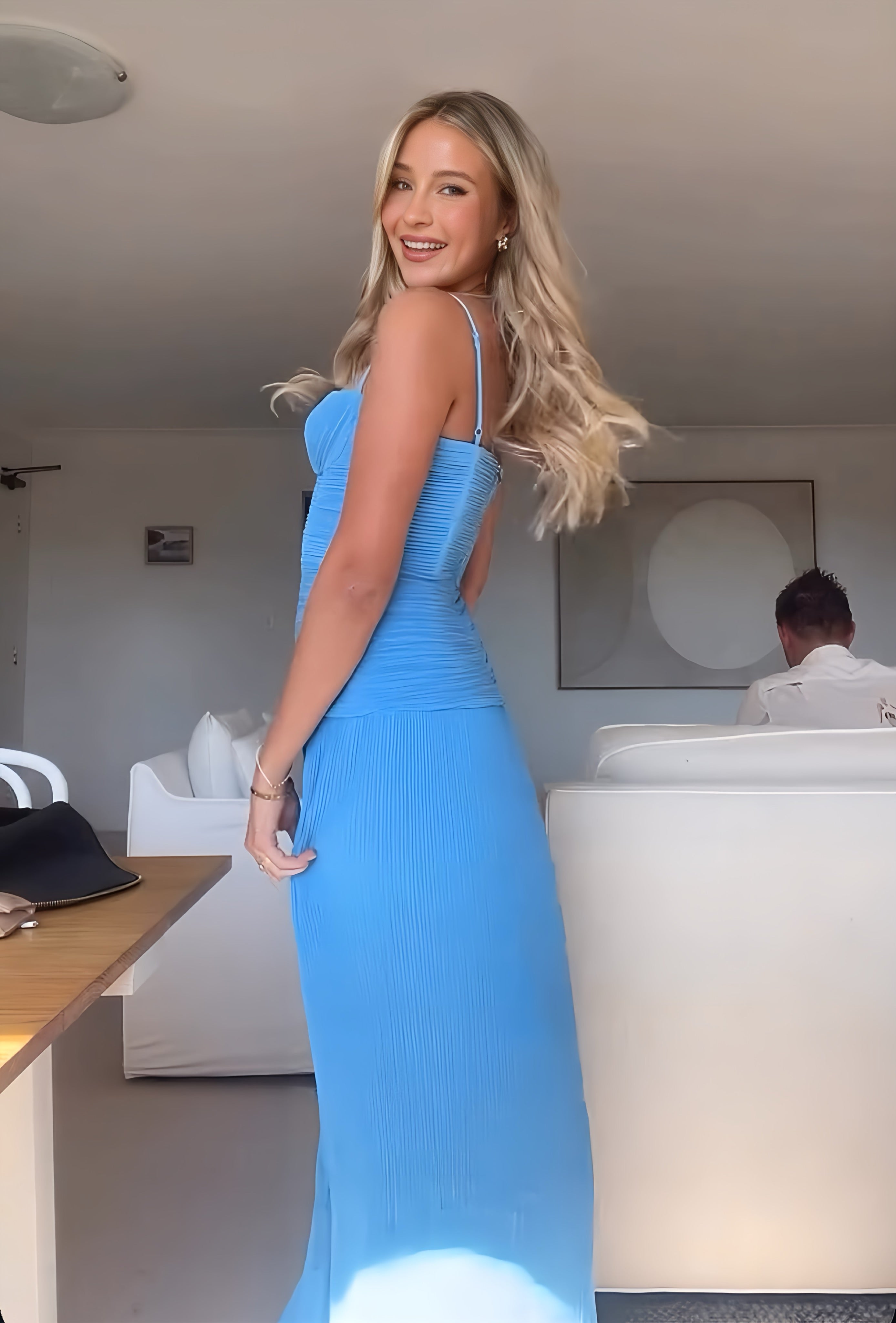 double time pleat dress blue Manning Cartell Double Time Pleat Gown Cerulean Blue